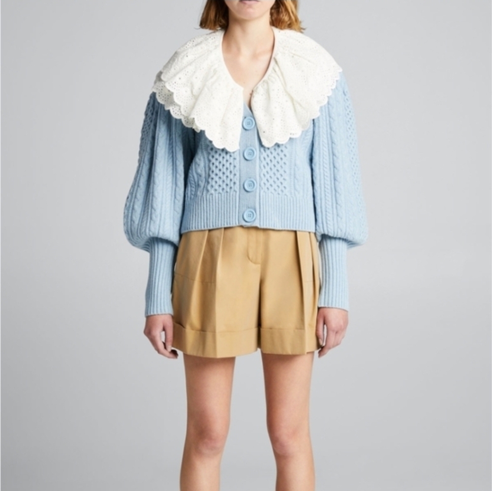 Sea NY Melanie cable-knit cropped cardigan light blue wool Broderie Collar XS - Picture 2 of 16